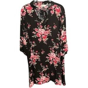 Womens Floral Print Dress Long Sleeve V Neck Black Red Roses Casual